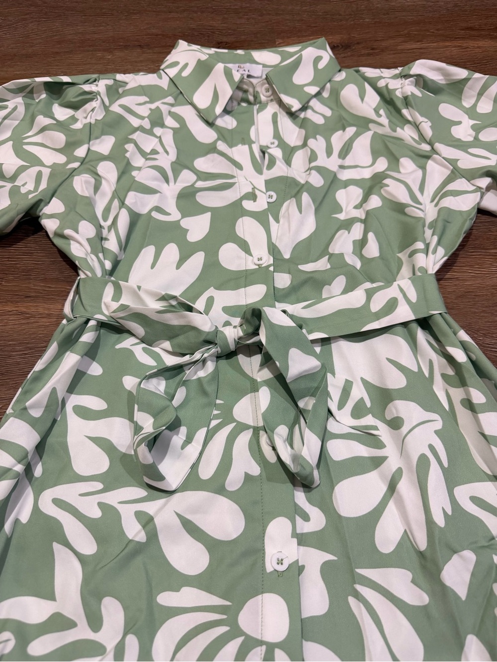 UEAL Green & White Abstract Floral Belted Tiered Midi Dress Size Medium - Picture 6 of 10